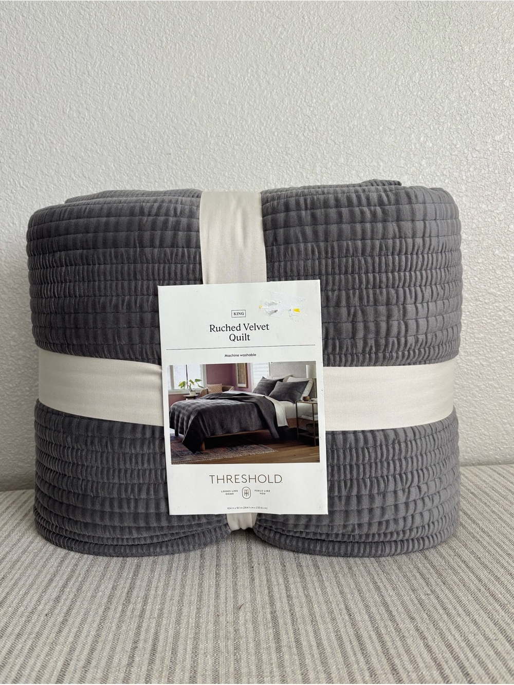 NWT King Ruched Velvet Quilt Gray - Threshold